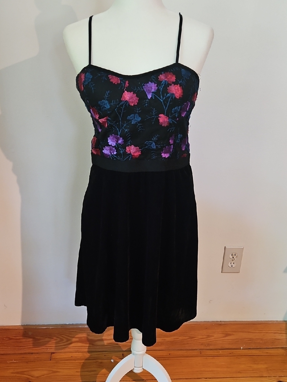 Francesca's Collections Black  Dress with Pink & Purple Floral Embroidery